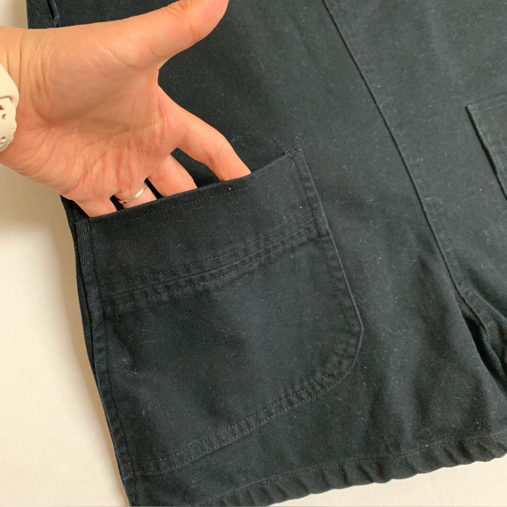 Black Denim Cotton Overalls Shorts Romper Adjustable Straps Sz M Patch Pockets - Picture 5 of 11